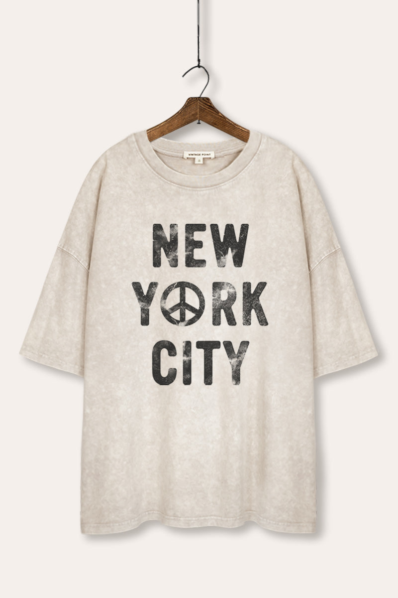 New York City Peace Sign Graphic Mineral Wash Oversized Tee