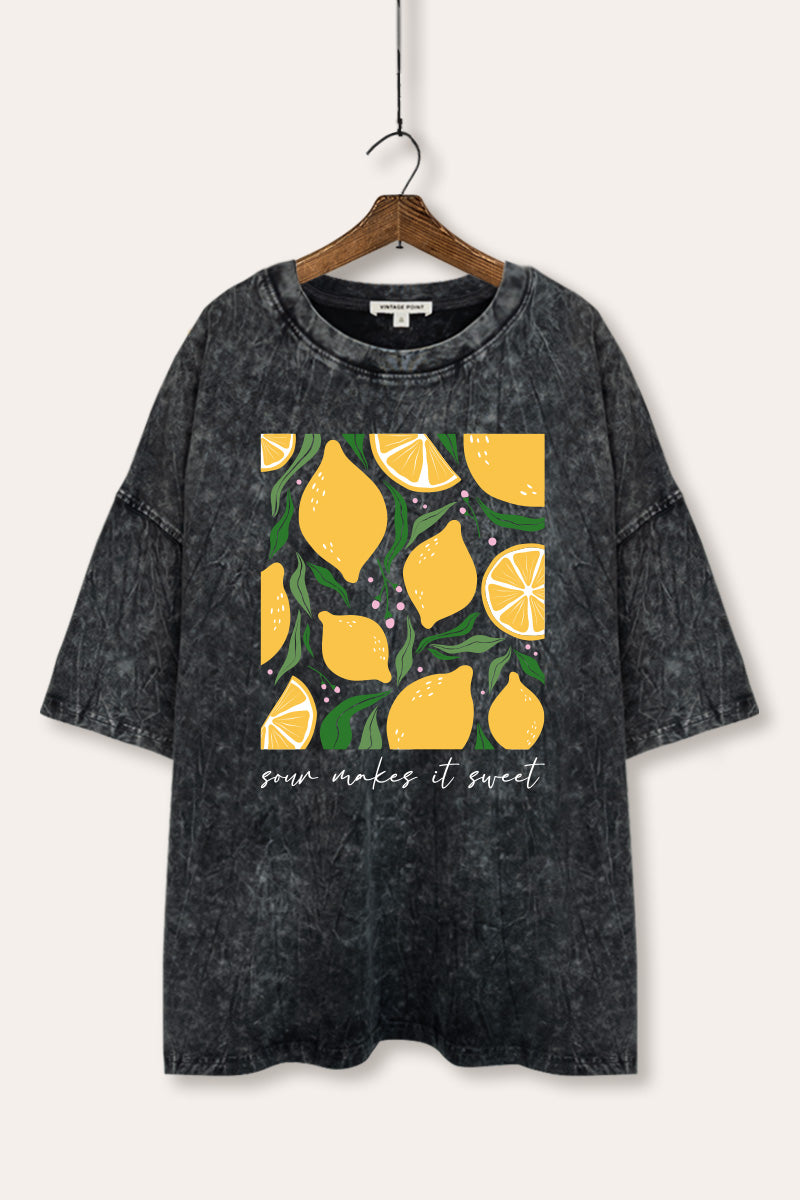 Sour & Sweet Lemon Fruit Graphic Mineral Wash Oversized Tee
