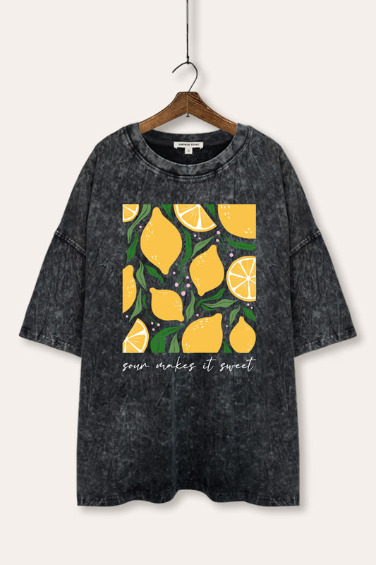 Sour & Sweet Lemon Fruit Graphic Mineral Wash Oversized Tee