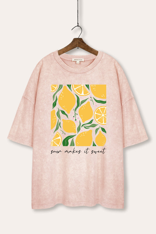 Sour & Sweet Lemon Fruit Graphic Mineral Wash Oversized Tee