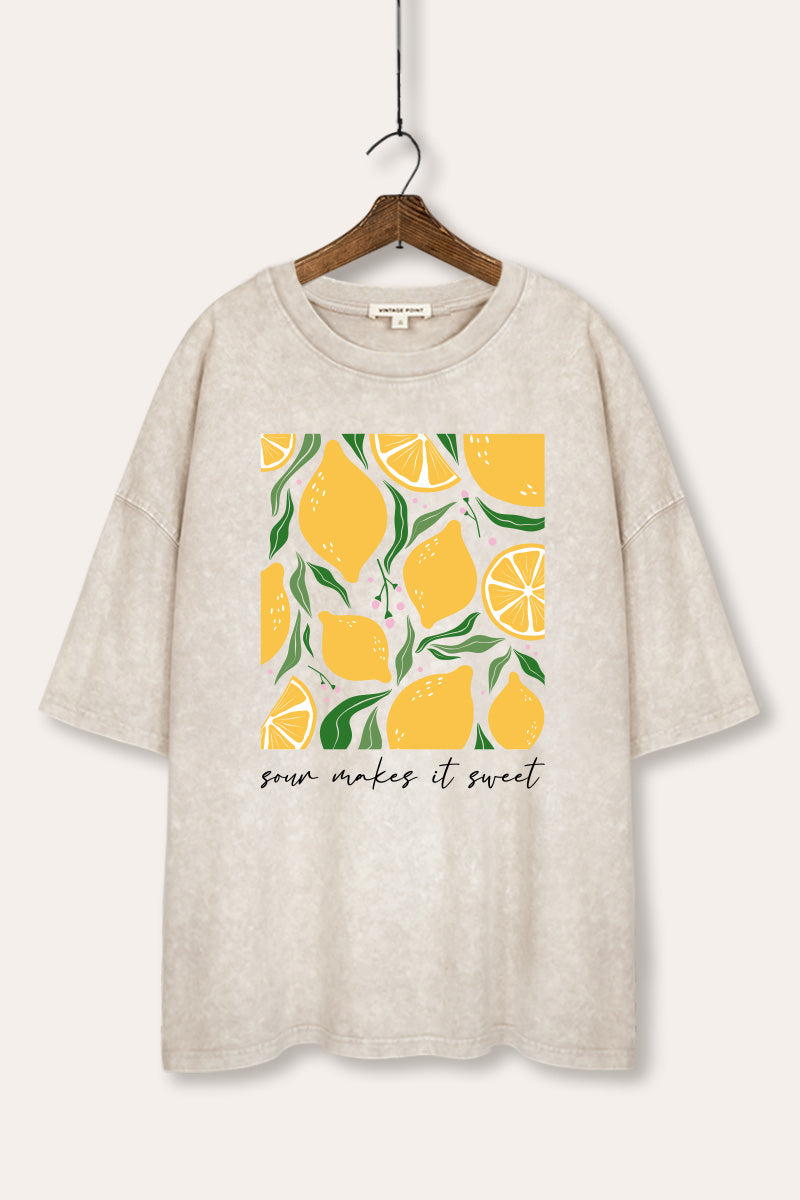 Sour & Sweet Lemon Fruit Graphic Mineral Wash Oversized Tee