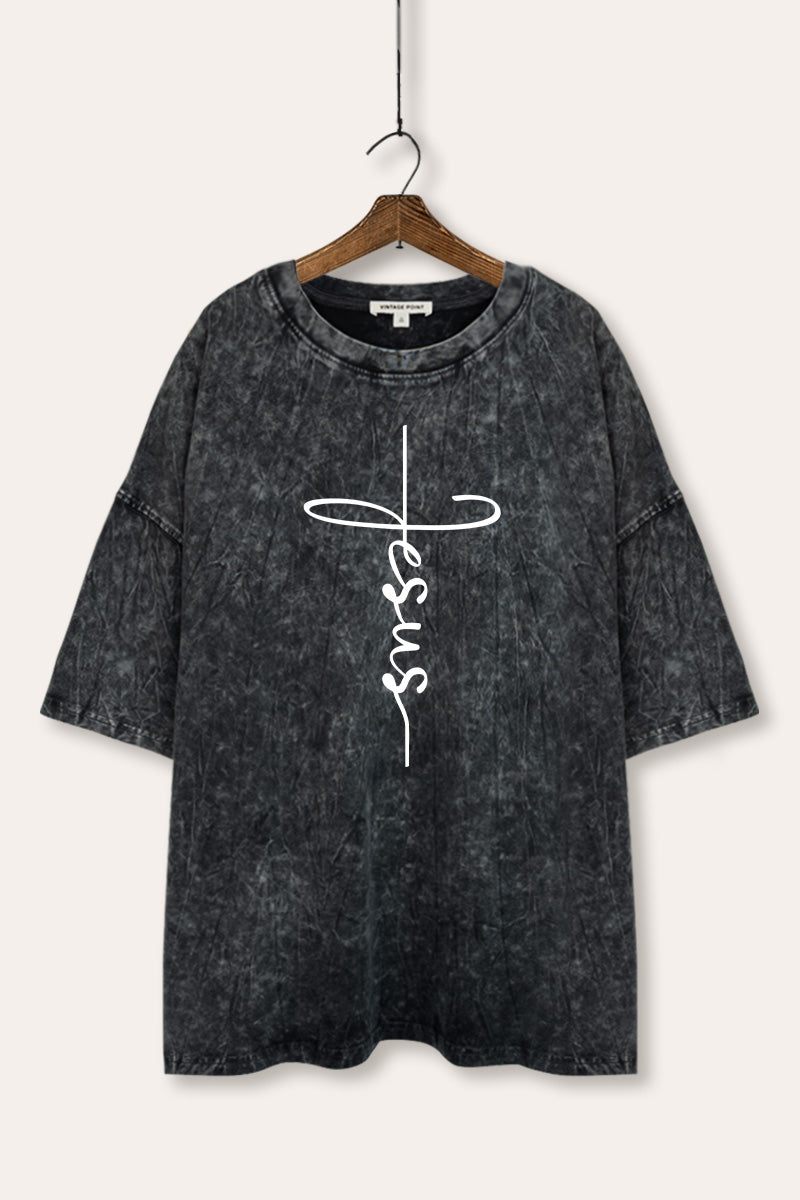Jesus Cross Typography Mineral Wash Oversized Tee