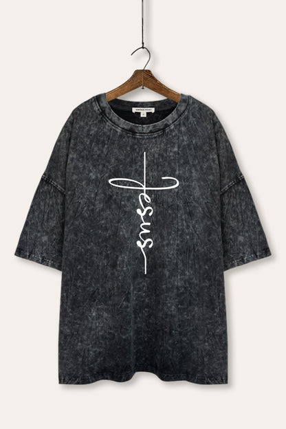 Jesus Cross Typography Mineral Wash Oversized Tee