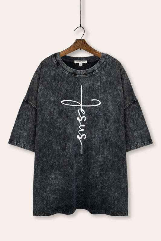Jesus Cross Typography Mineral Wash Oversized Tee