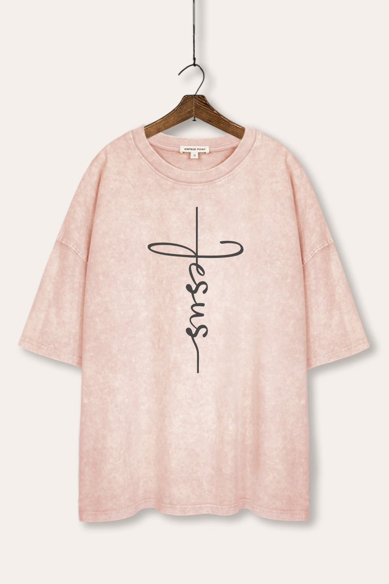 Jesus Cross Typography Mineral Wash Oversized Tee