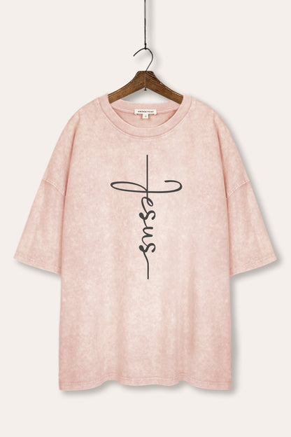 Jesus Cross Typography Mineral Wash Oversized Tee