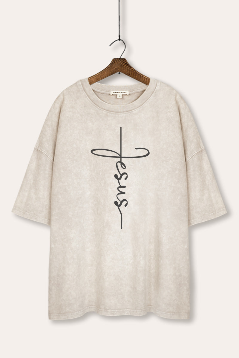 Jesus Cross Typography Mineral Wash Oversized Tee
