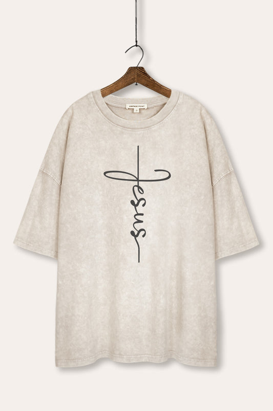Jesus Cross Typography Mineral Wash Oversized Tee