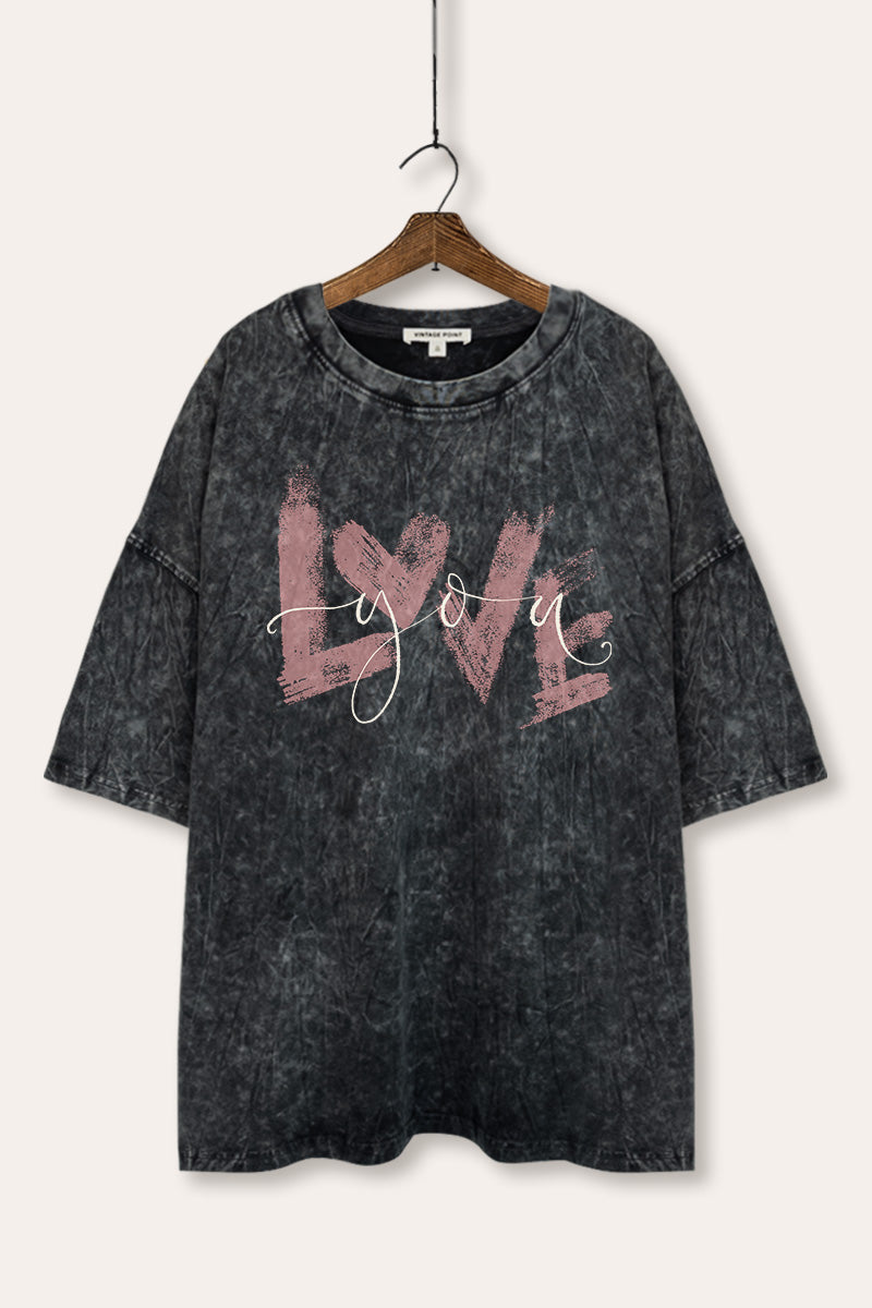Love You Heart Graphic Mineral Wash Oversized Tee