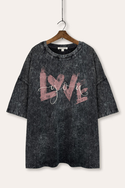 Love You Heart Graphic Mineral Wash Oversized Tee