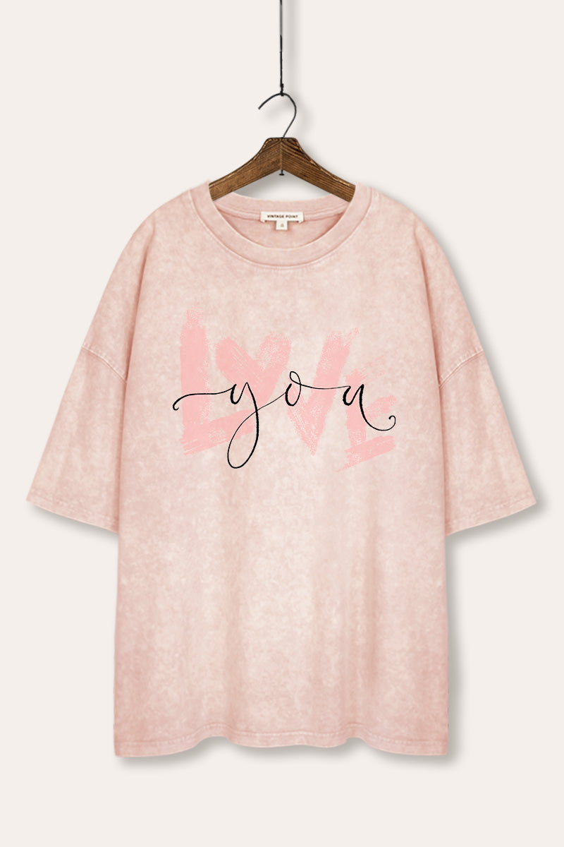 Love You Heart Graphic Mineral Wash Oversized Tee