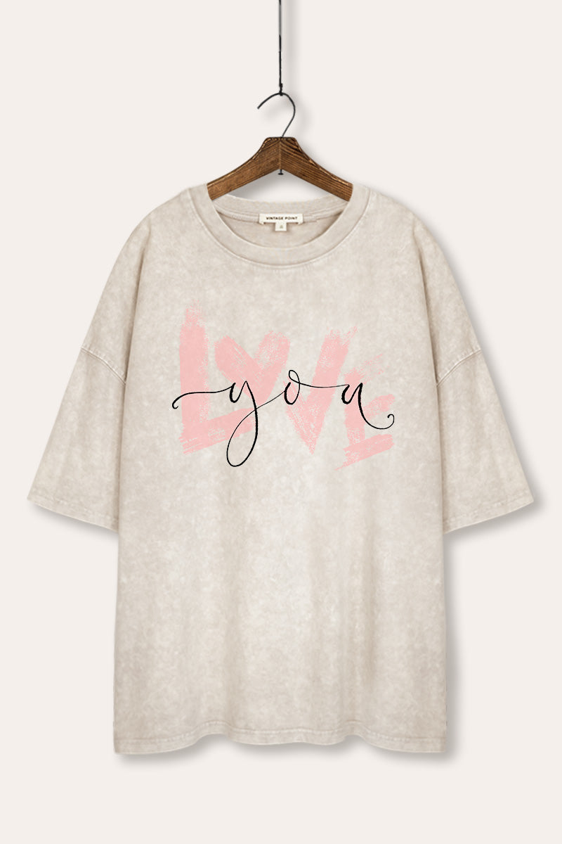 Love You Heart Graphic Mineral Wash Oversized Tee