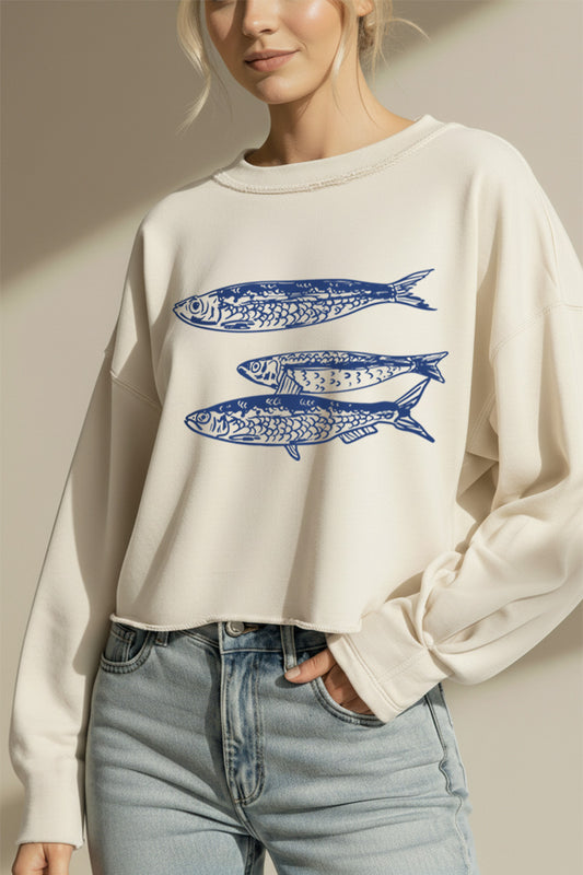 Ocean Inspired Sardines Graphic Cropped Sweatshirt