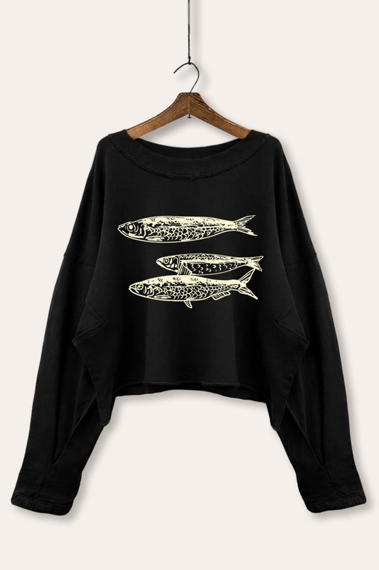 Ocean Inspired Sardines Graphic Cropped Sweatshirt