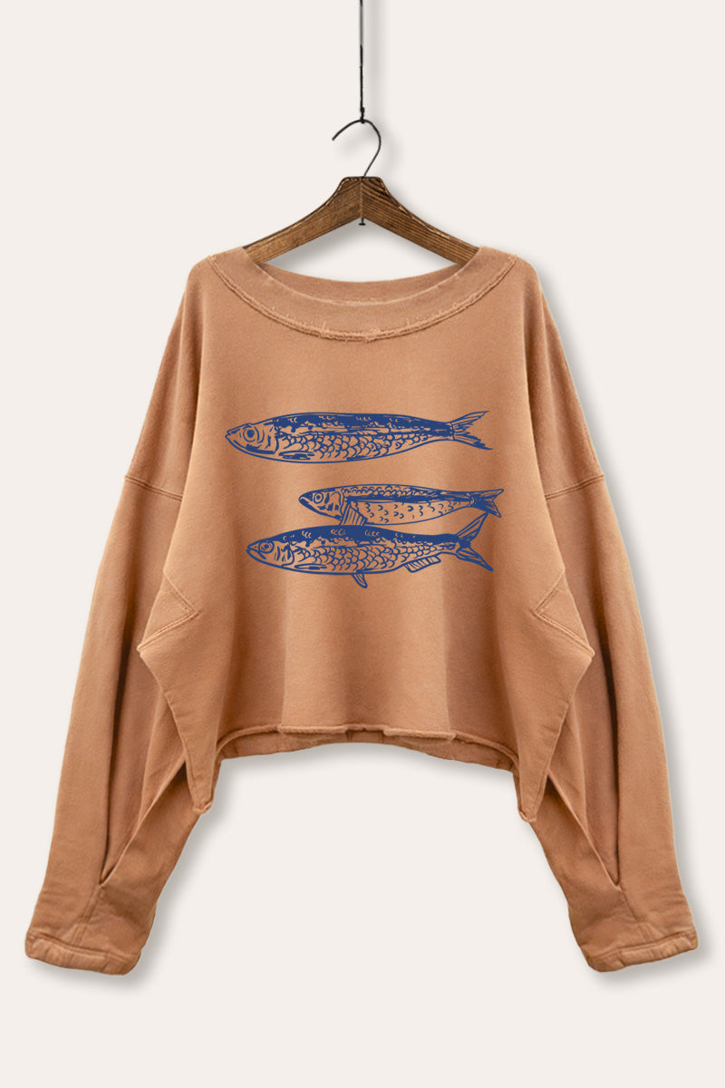 Ocean Inspired Sardines Graphic Cropped Sweatshirt
