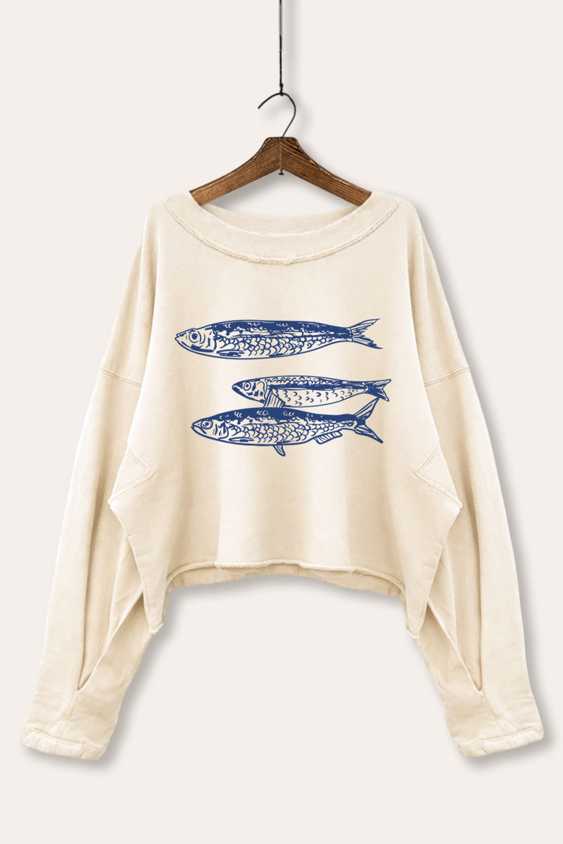 Ocean Inspired Sardines Graphic Cropped Sweatshirt