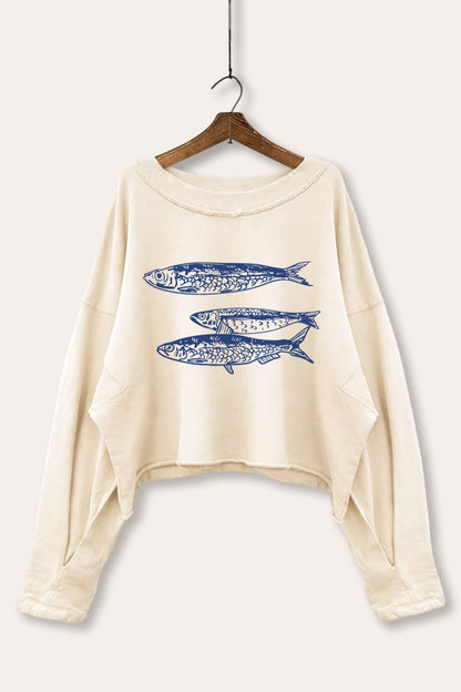 Ocean Inspired Sardines Graphic Cropped Sweatshirt