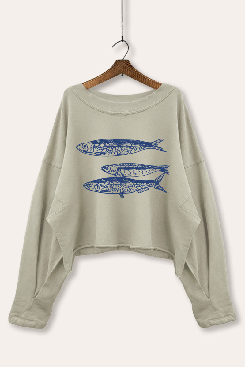Ocean Inspired Sardines Graphic Cropped Sweatshirt