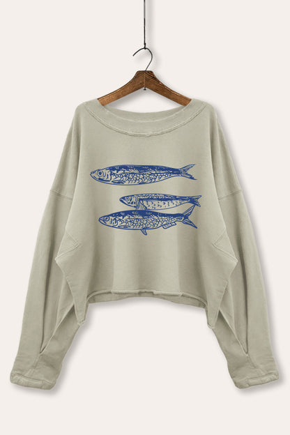 Ocean Inspired Sardines Graphic Cropped Sweatshirt