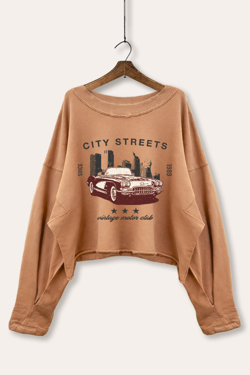 Vintage Motor City Streets Graphic Cropped Sweatshirt