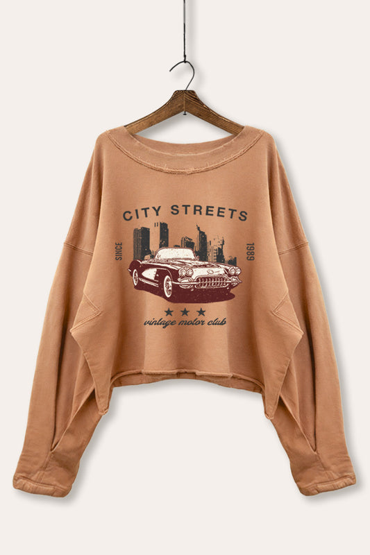 Vintage Motor City Streets Graphic Cropped Sweatshirt