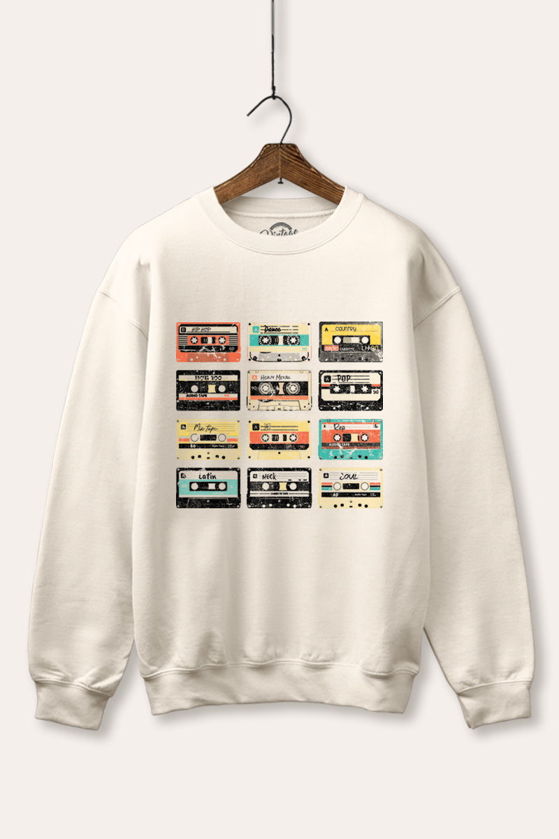 vintage cassette tapes graphic fleece sweatshirt