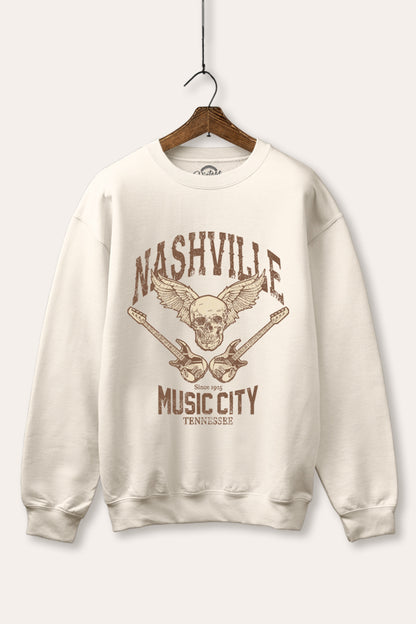 Nashville Music City Skull Graphic Fleece Sweatshirt