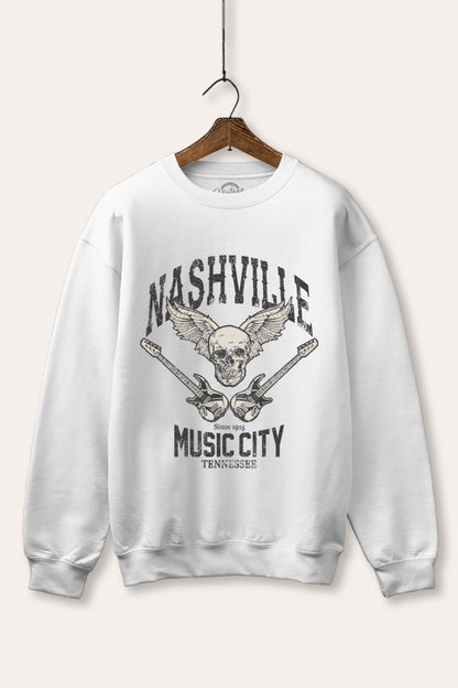 Nashville Music City Skull Graphic Fleece Sweatshirt