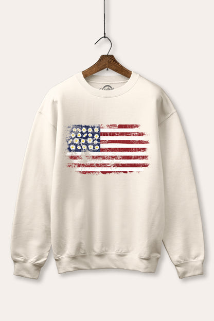Distressed Floral USA Flag Graphic Fleece Sweatshirt