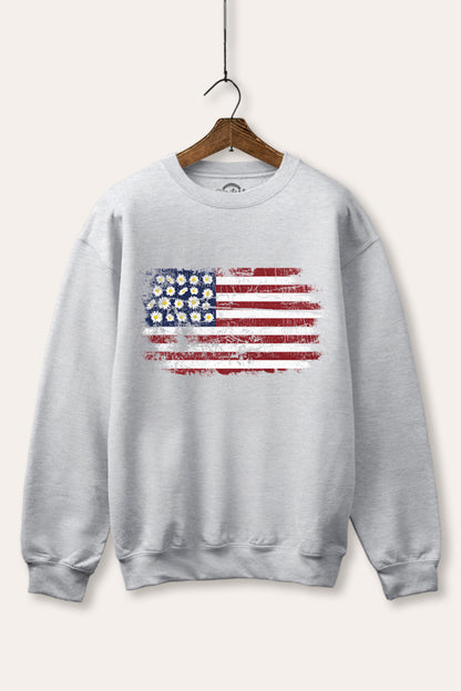 Distressed Floral USA Flag Graphic Fleece Sweatshirt