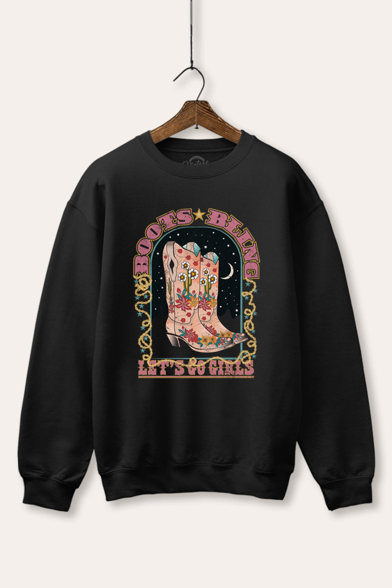 "let's go girls" retro cowboy boots graphic fleece sweatshirt
