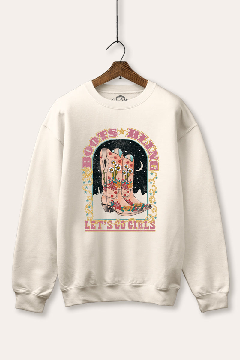 "let's go girls" retro cowboy boots graphic fleece sweatshirt