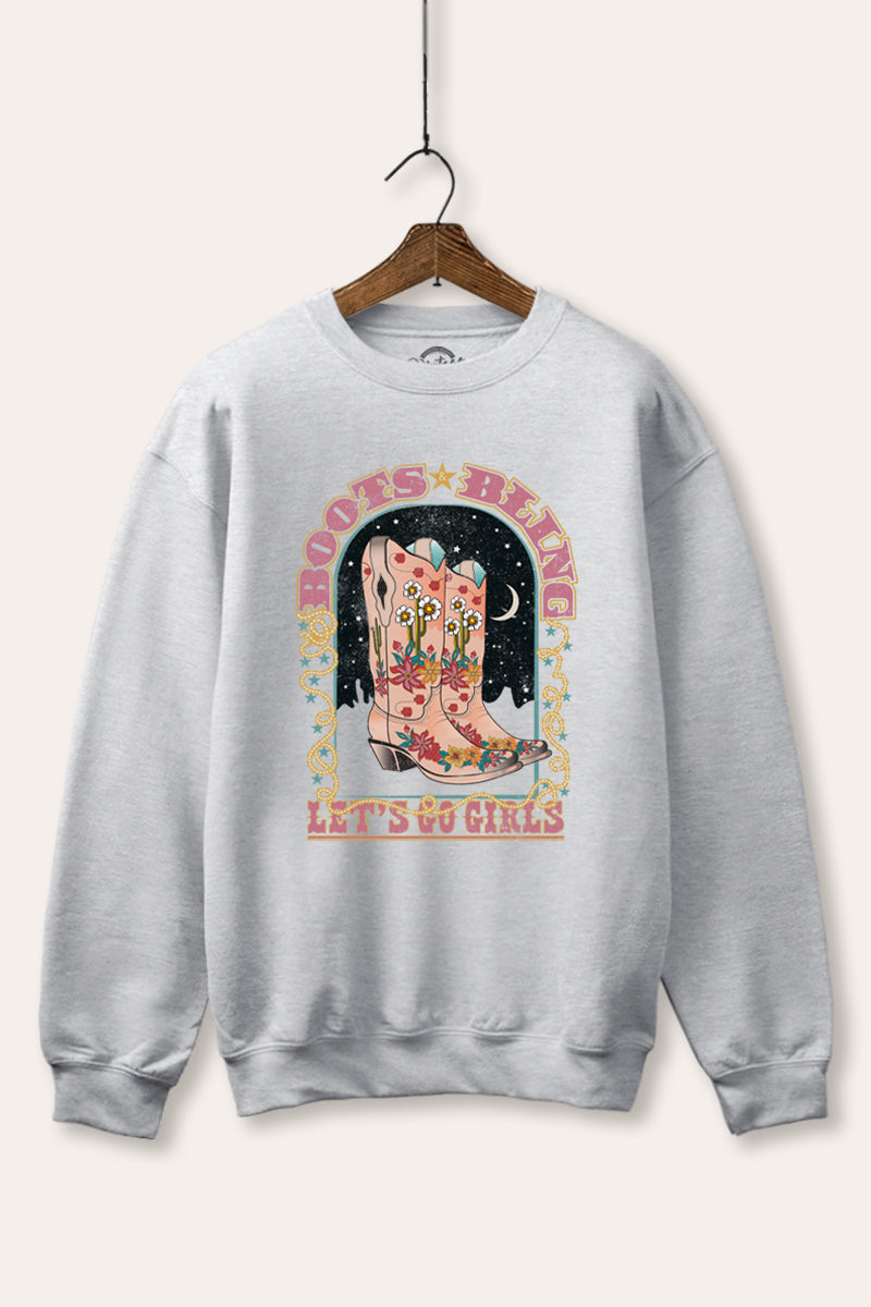"let's go girls" retro cowboy boots graphic fleece sweatshirt