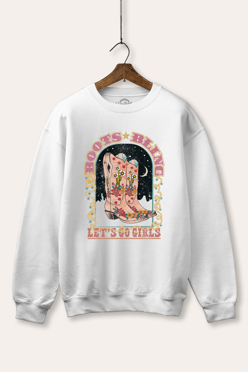 "let's go girls" retro cowboy boots graphic fleece sweatshirt