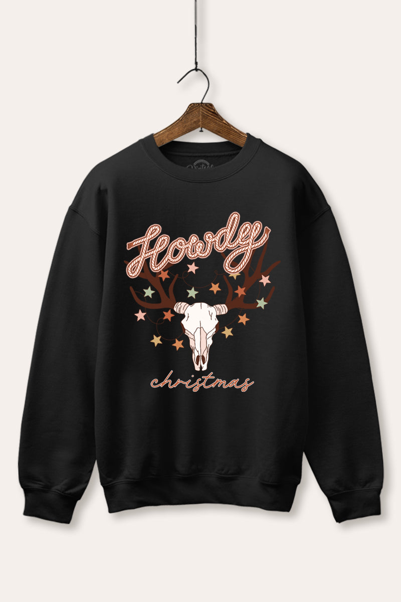"howdy christmas" cow skull western graphic fleece sweatshirt