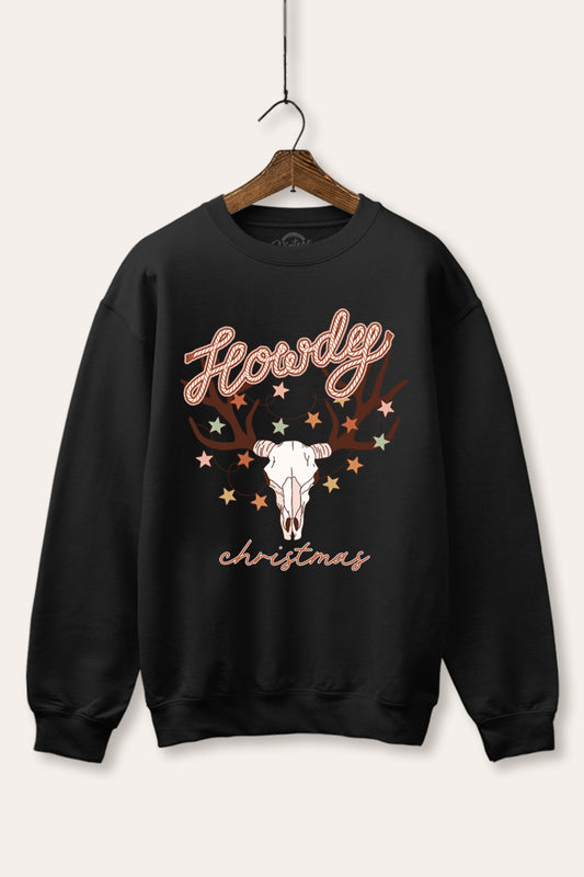 "howdy christmas" cow skull western graphic fleece sweatshirt