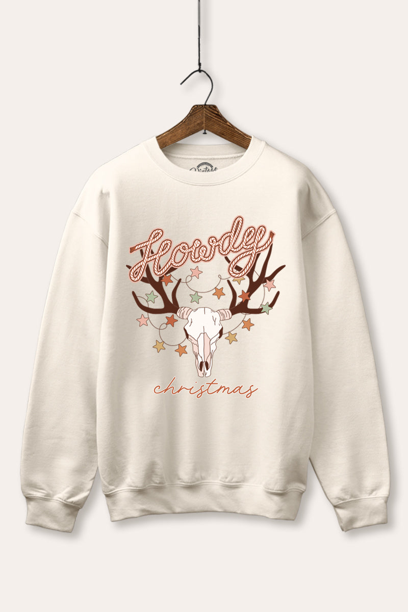 "howdy christmas" cow skull western graphic fleece sweatshirt