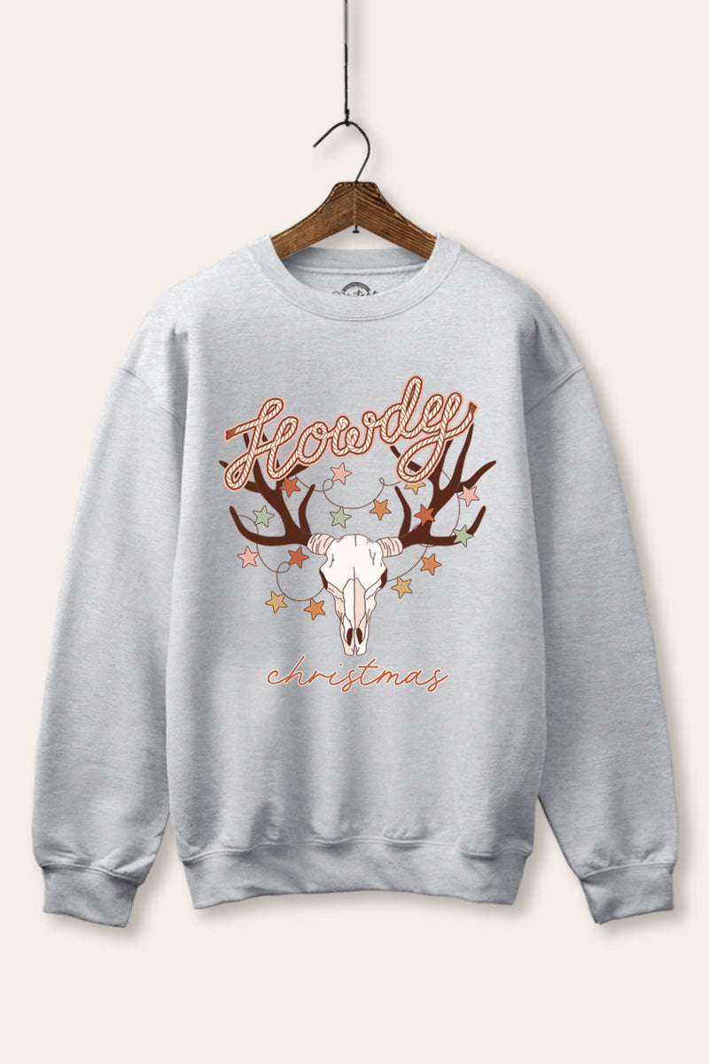 "howdy christmas" cow skull western graphic fleece sweatshirt