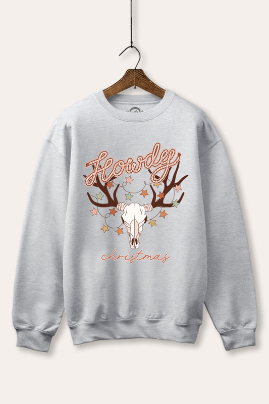 "howdy christmas" cow skull western graphic fleece sweatshirt