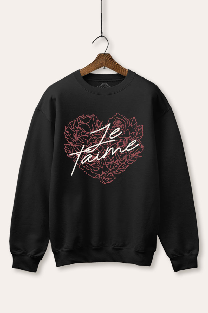 Je T'aime Flower Heart Graphic Fleece Sweatshirt