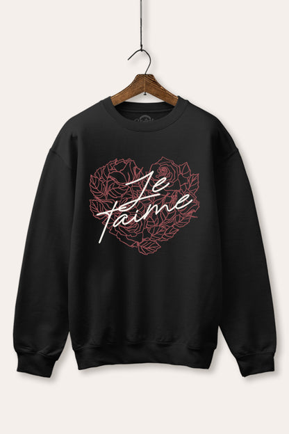 Je T'aime Flower Heart Graphic Fleece Sweatshirt