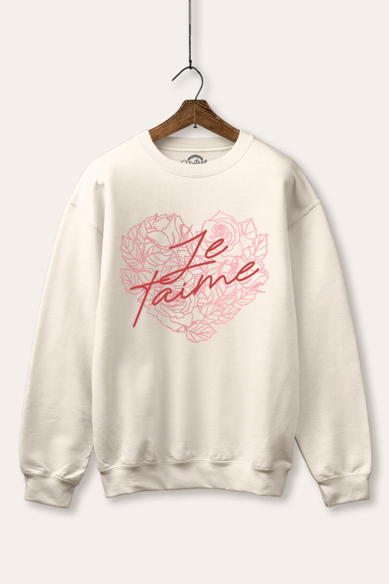 Je T'aime Flower Heart Graphic Fleece Sweatshirt