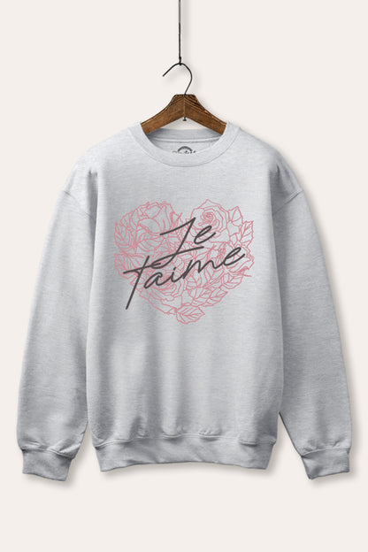 Je T'aime Flower Heart Graphic Fleece Sweatshirt