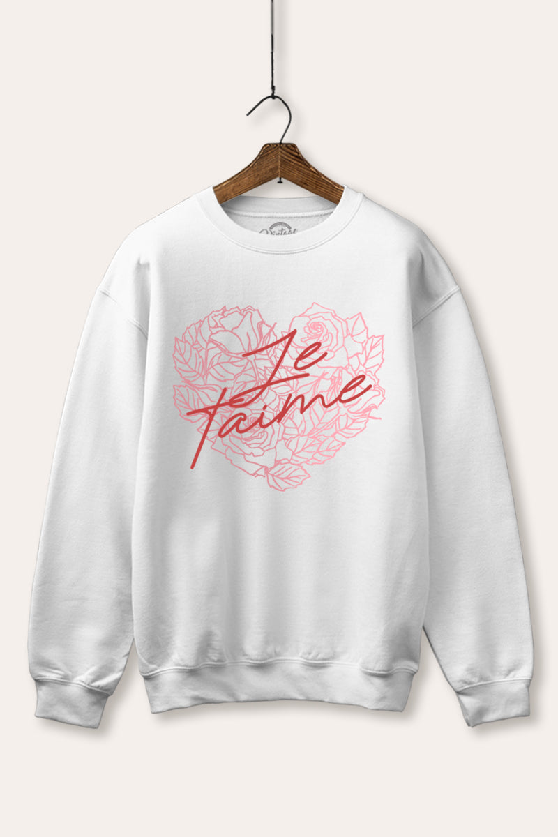 Je T'aime Flower Heart Graphic Fleece Sweatshirt