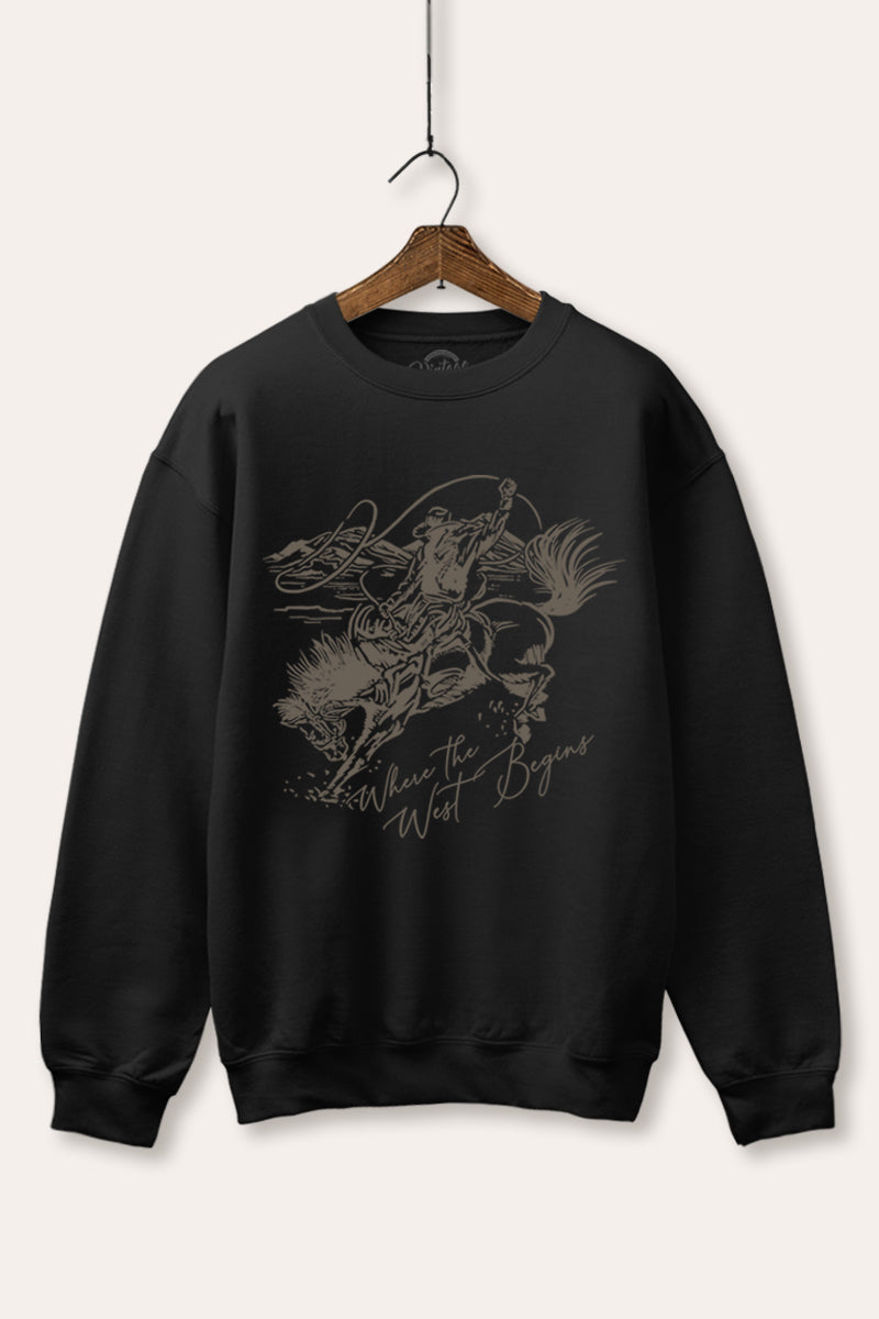 "where the west begins" fleece graphic sweatshirt