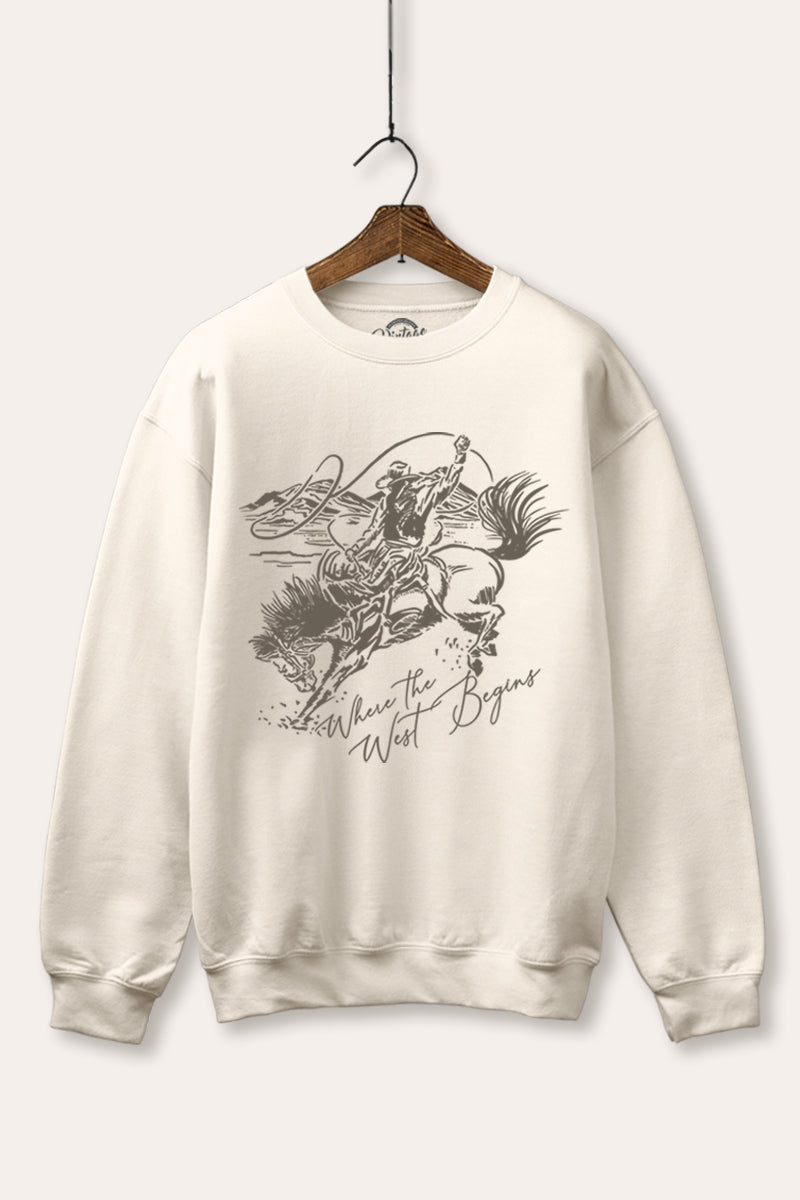 "where the west begins" fleece graphic sweatshirt