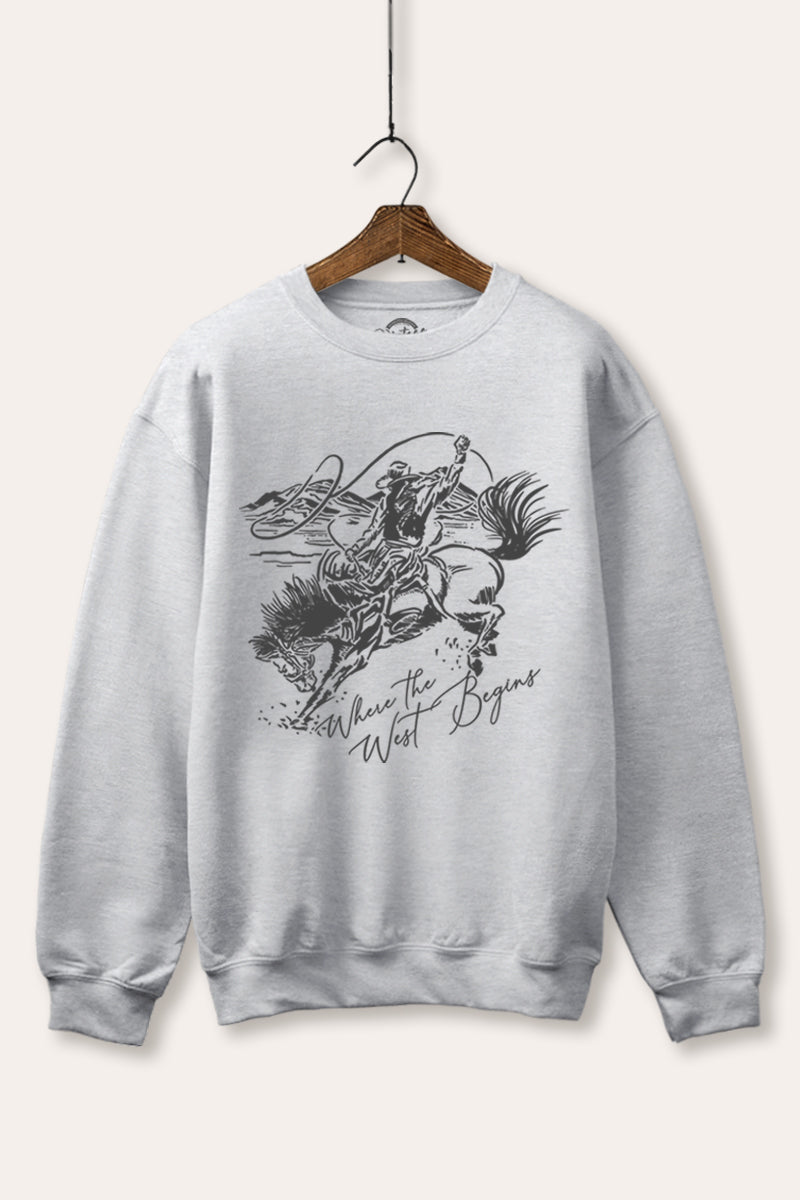 "where the west begins" fleece graphic sweatshirt