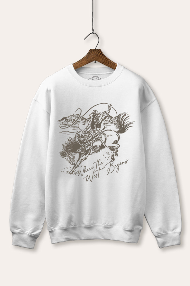 "where the west begins" fleece graphic sweatshirt