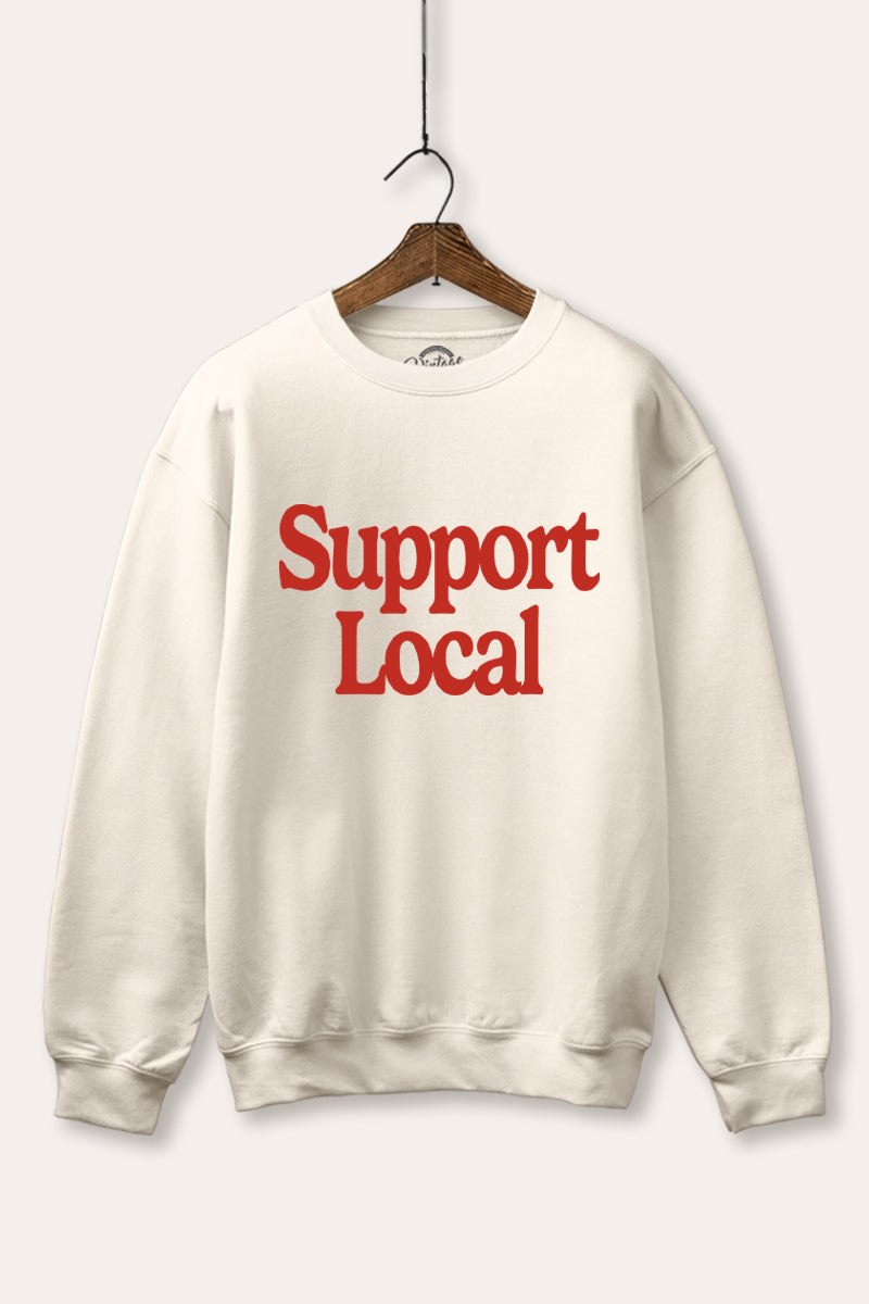 "support local" graphic fleece sweatshirt