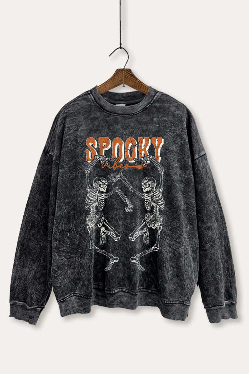 Spooky Dancing Skeletons Graphic Mineral Wash Sweatshirt
